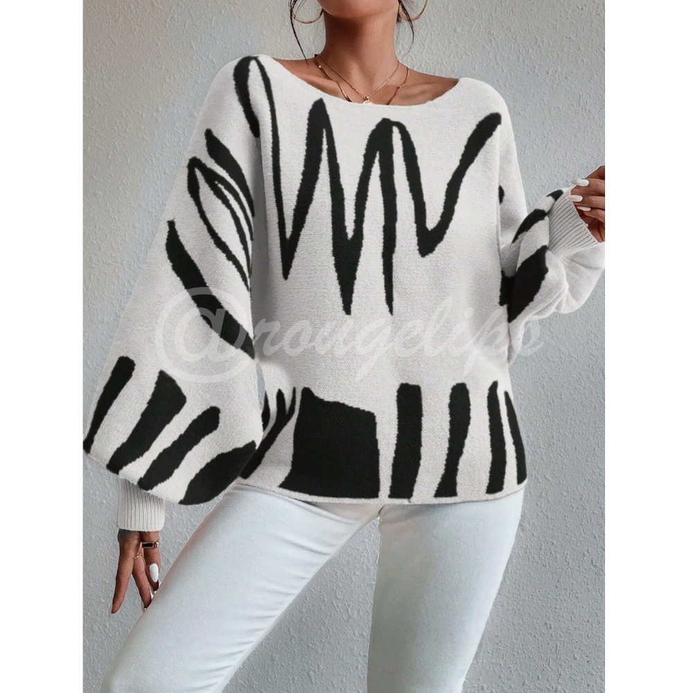 Knit Graphic Pullover Sweater Bishop Sleeve Stretchy Boat Neck - Picture 7 of 8